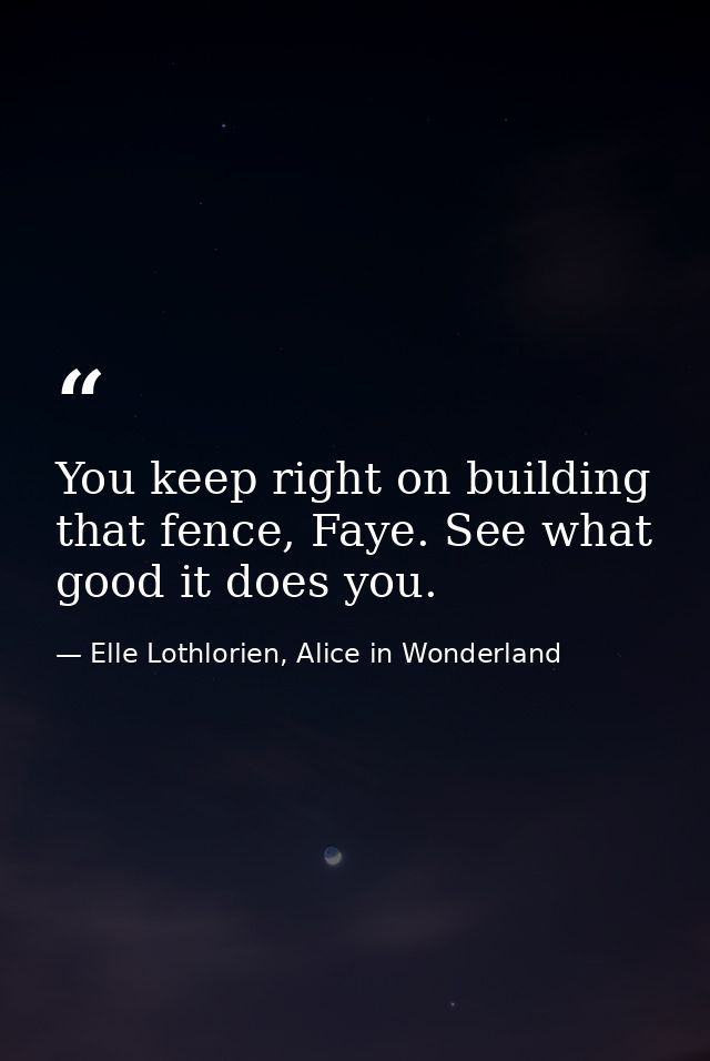 You keep right on building that fence, Faye. See what good it does you. — Elle Lothlorien, Alice in Wonderland