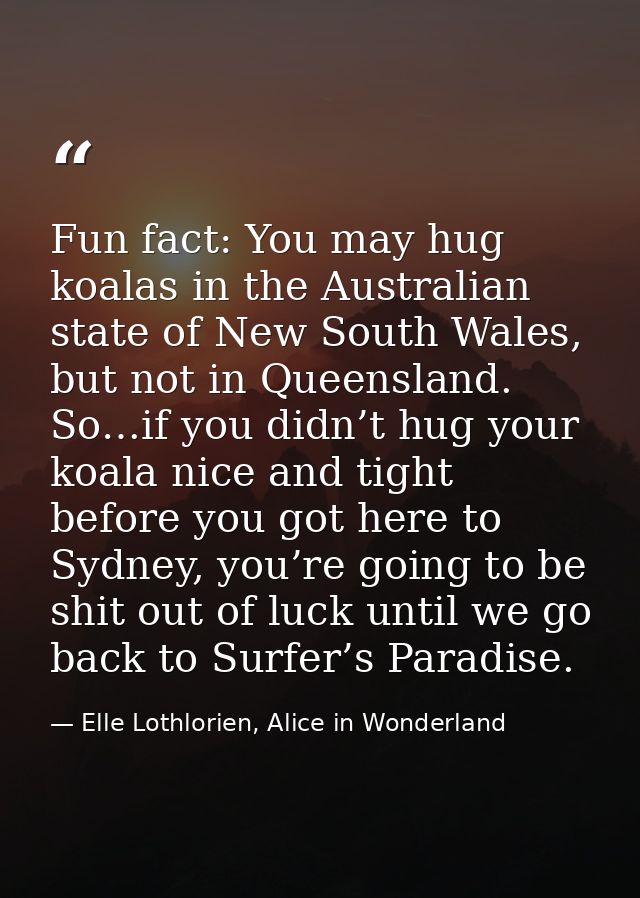 Fun fact: You may hug koalas in the Australian state of New South Wales, but not in Queensland. So…if you didn’t hug you — Elle Lothlorien, Alice in Wonderland