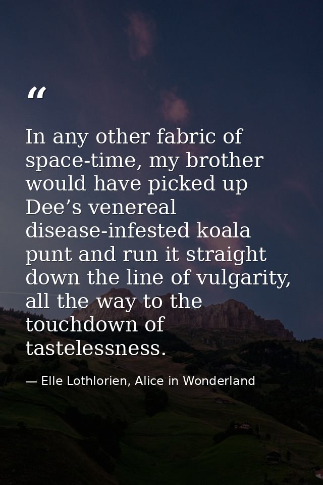 In any other fabric of space-time, my brother would have picked up Dee’s venereal disease-infested koala punt and run it — Elle Lothlorien, Alice in Wonderland