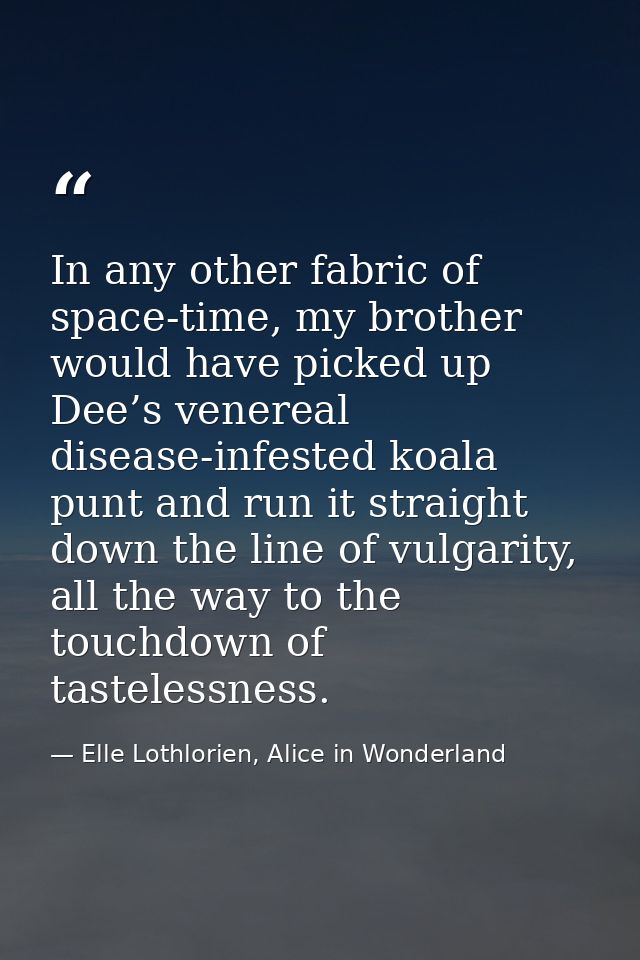 In any other fabric of space-time, my brother would have picked up Dee’s venereal disease-infested koala punt and run it — Elle Lothlorien, Alice in Wonderland
