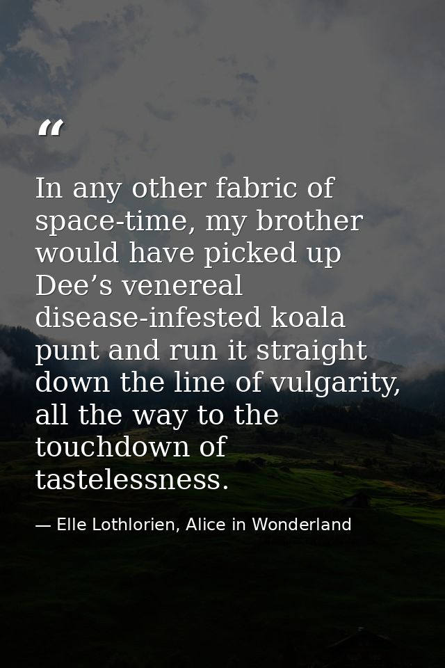 In any other fabric of space-time, my brother would have picked up Dee’s venereal disease-infested koala punt and run it — Elle Lothlorien, Alice in Wonderland