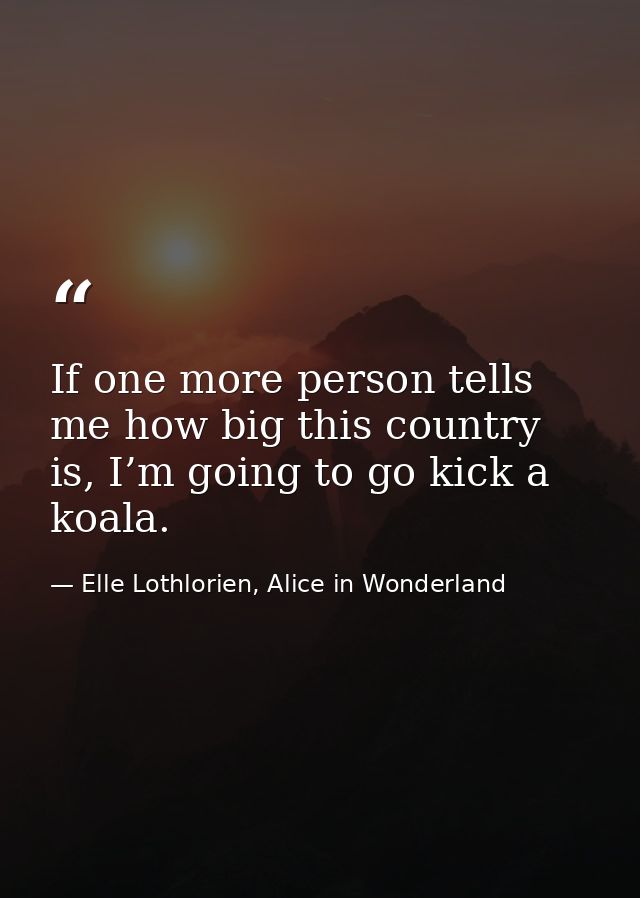 If one more person tells me how big this country is, I’m going to go kick a koala. — Elle Lothlorien, Alice in Wonderland