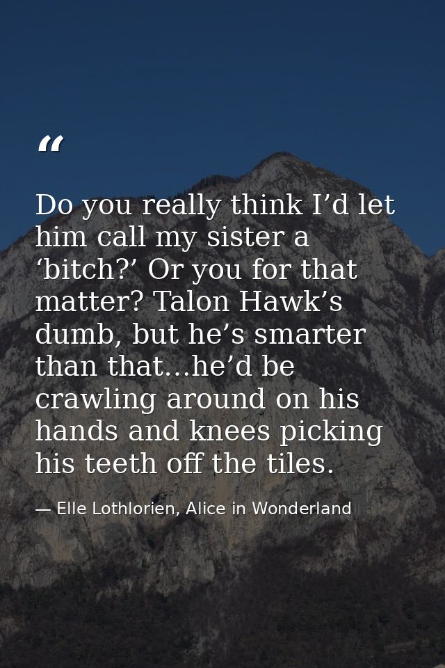 Do you really think I’d let him call my sister a ‘bitch?’ Or you for that matter? Talon Hawk’s dumb, but he’s smarter th — Elle Lothlorien, Alice in Wonderland