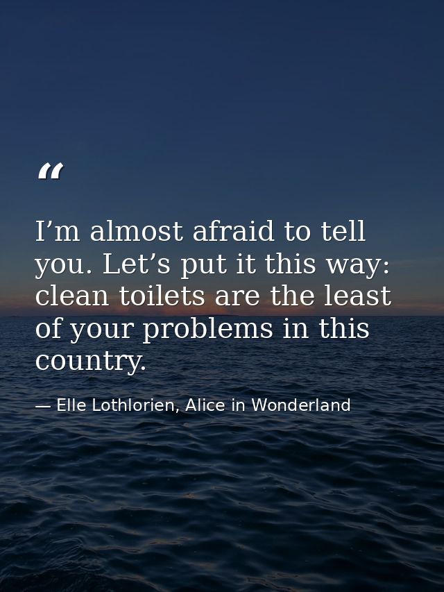 I’m almost afraid to tell you. Let’s put it this way: clean toilets are the least of your problems in this country. — Elle Lothlorien, Alice in Wonderland