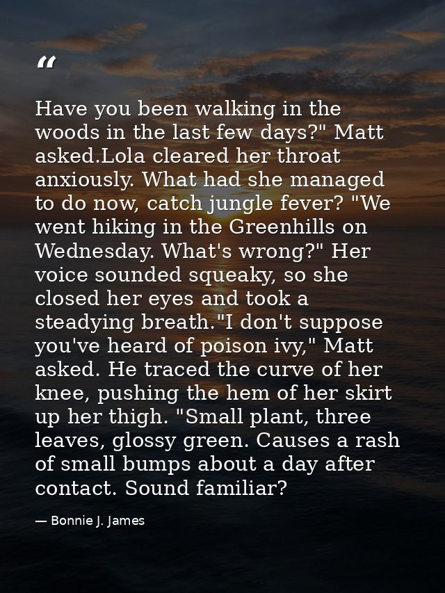 Have you been walking in the woods in the last few days?" Matt asked.Lola cleared her throat anxiously. What had she man — Bonnie J. James