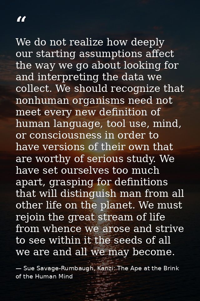 We do not realize how deeply our starting assumptions affect the way we go about looking for and interpreting the data w — Sue Savage-Rumbaugh, Kanzi: The Ape at the Brink of the Human Mind