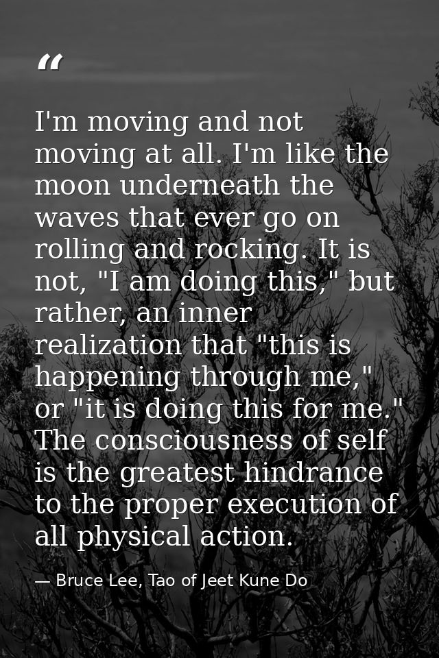 I'm moving and not moving at all. I'm like the moon underneath the waves that ever go on rolling and rocking. It is not, — Bruce Lee, Tao of Jeet Kune Do