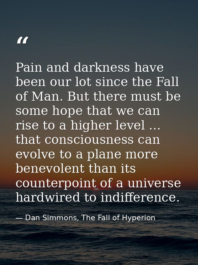 Pain and darkness have been our lot since the Fall of Man. But there must be some hope that we can rise to a higher leve — Dan Simmons, The Fall of Hyperion
