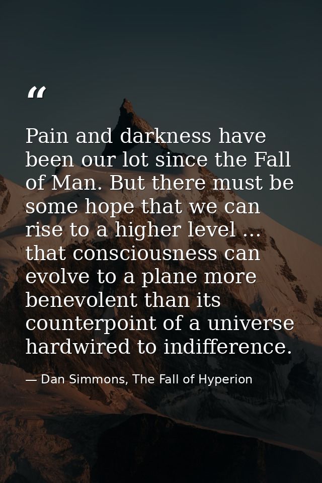 Pain and darkness have been our lot since the Fall of Man. But there must be some hope that we can rise to a higher leve — Dan Simmons, The Fall of Hyperion