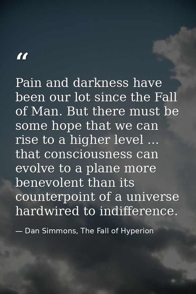 Pain and darkness have been our lot since the Fall of Man. But there must be some hope that we can rise to a higher leve — Dan Simmons, The Fall of Hyperion