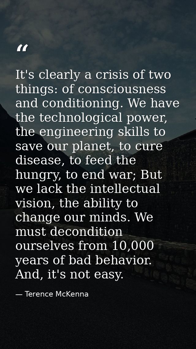 It's clearly a crisis of two things: of consciousness and conditioning. We have the technological power, the engineering — Terence McKenna