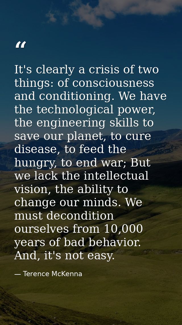 It's clearly a crisis of two things: of consciousness and conditioning. We have the technological power, the engineering — Terence McKenna