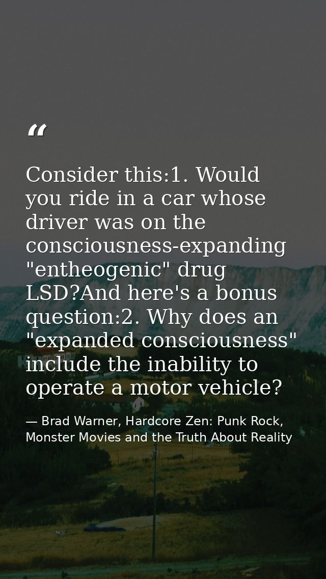 Consider this:1. Would you ride in a car whose driver was on the consciousness-expanding "entheogenic" drug LSD?And here — Brad Warner, Hardcore Zen: Punk Rock, Monster Movies and the Truth About Reality