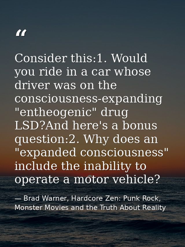 Consider this:1. Would you ride in a car whose driver was on the consciousness-expanding "entheogenic" drug LSD?And here — Brad Warner, Hardcore Zen: Punk Rock, Monster Movies and the Truth About Reality