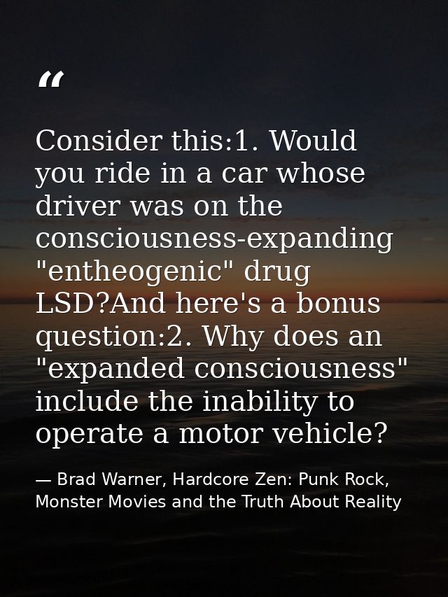 Consider this:1. Would you ride in a car whose driver was on the consciousness-expanding "entheogenic" drug LSD?And here — Brad Warner, Hardcore Zen: Punk Rock, Monster Movies and the Truth About Reality