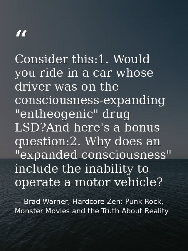 Consider this:1. Would you ride in a car whose driver was on the consciousness-expanding "entheogenic" drug LSD?And here — Brad Warner, Hardcore Zen: Punk Rock, Monster Movies and the Truth About Reality