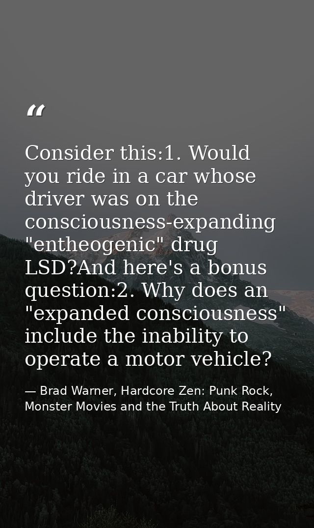Consider this:1. Would you ride in a car whose driver was on the consciousness-expanding "entheogenic" drug LSD?And here — Brad Warner, Hardcore Zen: Punk Rock, Monster Movies and the Truth About Reality