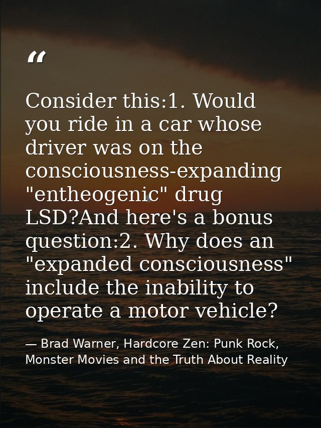 Consider this:1. Would you ride in a car whose driver was on the consciousness-expanding "entheogenic" drug LSD?And here — Brad Warner, Hardcore Zen: Punk Rock, Monster Movies and the Truth About Reality