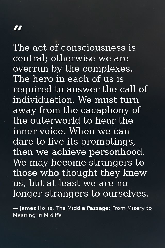 The act of consciousness is central; otherwise we are overrun by the complexes. The hero in each of us is required to an — James Hollis, The Middle Passage: From Misery to Meaning in Midlife
