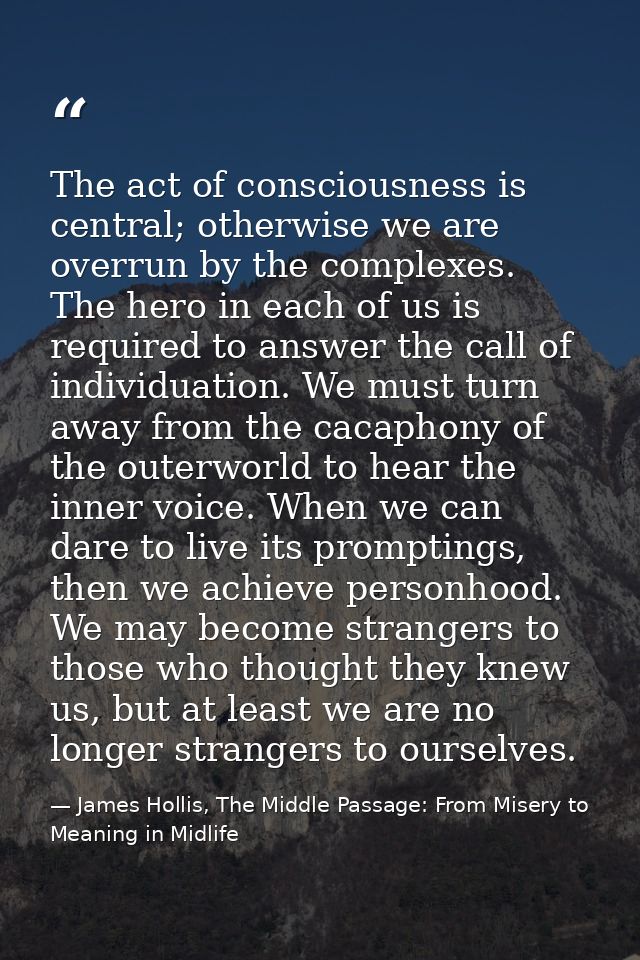 The act of consciousness is central; otherwise we are overrun by the complexes. The hero in each of us is required to an — James Hollis, The Middle Passage: From Misery to Meaning in Midlife