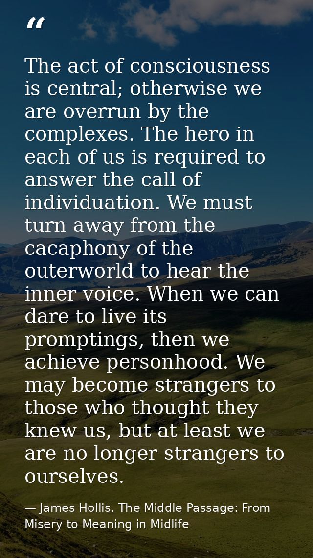 The act of consciousness is central; otherwise we are overrun by the complexes. The hero in each of us is required to an — James Hollis, The Middle Passage: From Misery to Meaning in Midlife