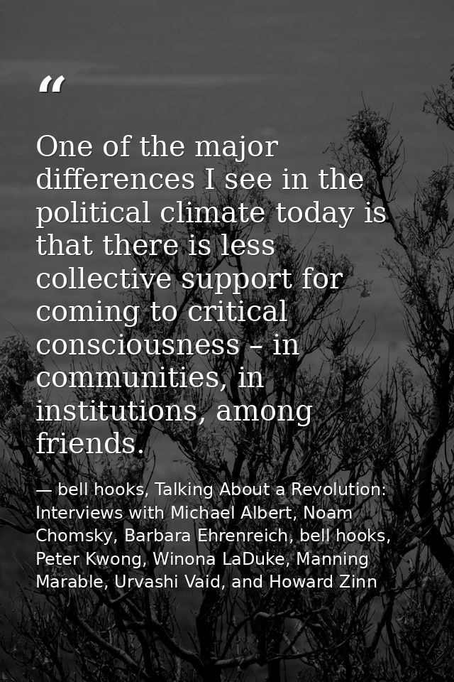 One of the major differences I see in the political climate today is that there is less collective support for coming to — bell hooks, Talking About a Revolution: Interviews with Michael Albert, Noam Chomsky, Barbara Ehrenreich, bell hooks, Peter Kwong, Winona LaDuke, Manning Marable, Urvashi Vaid, and Howard Zinn