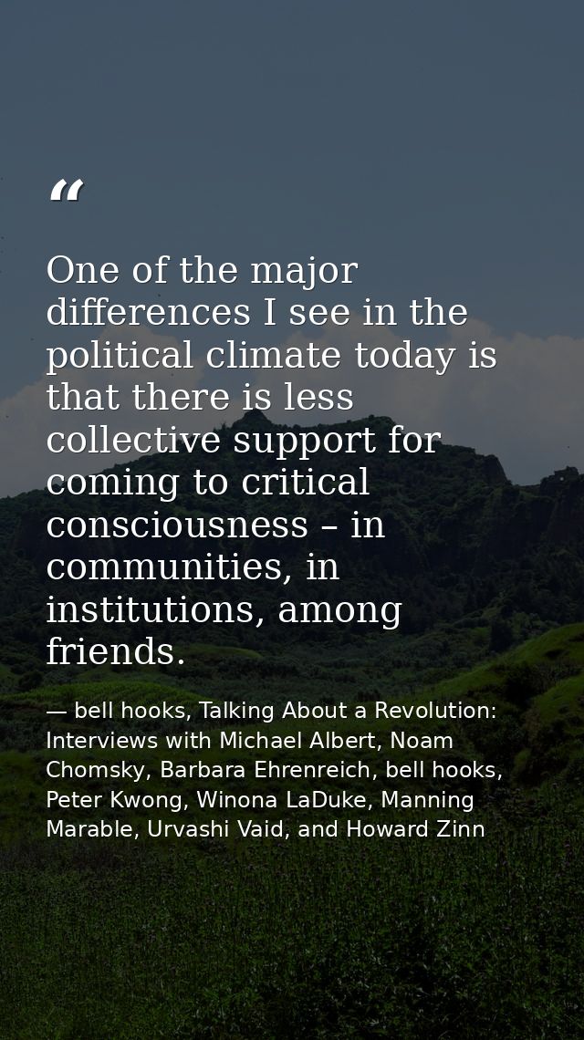 One of the major differences I see in the political climate today is that there is less collective support for coming to — bell hooks, Talking About a Revolution: Interviews with Michael Albert, Noam Chomsky, Barbara Ehrenreich, bell hooks, Peter Kwong, Winona LaDuke, Manning Marable, Urvashi Vaid, and Howard Zinn