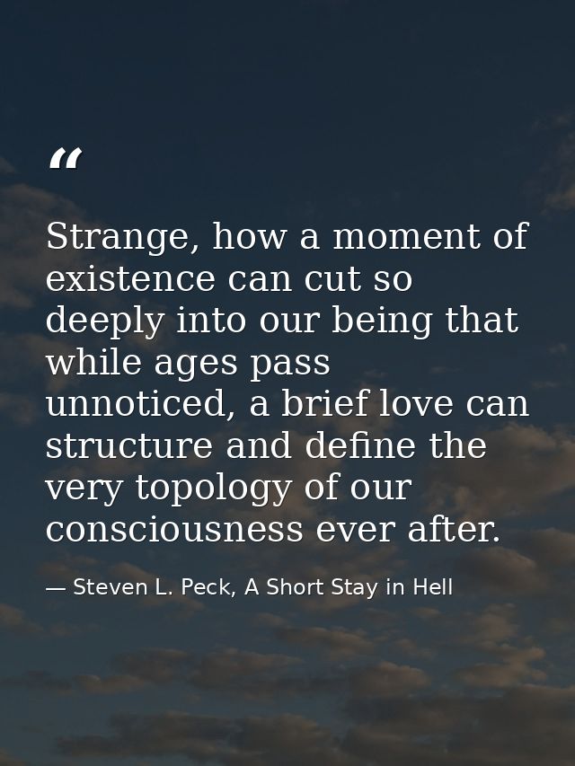 Strange, how a moment of existence can cut so deeply into our being that while ages pass unnoticed, a brief love can str — Steven L. Peck, A Short Stay in Hell