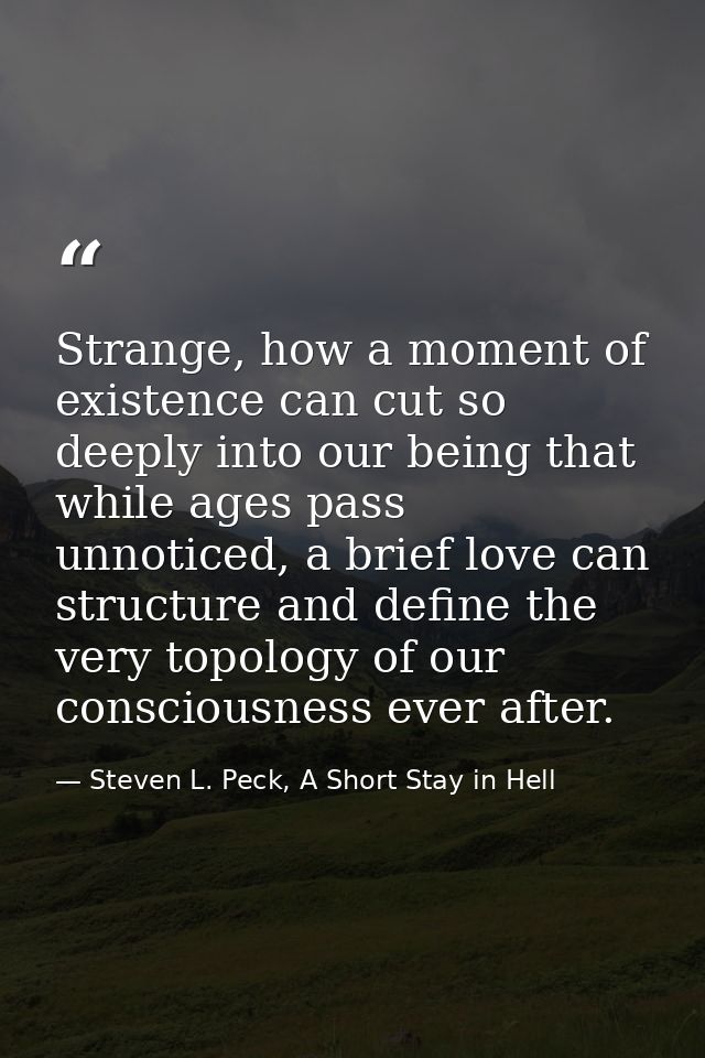 Strange, how a moment of existence can cut so deeply into our being that while ages pass unnoticed, a brief love can str — Steven L. Peck, A Short Stay in Hell