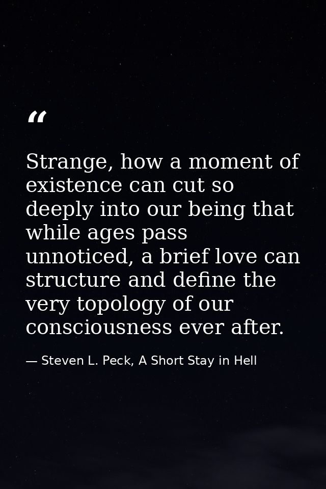 Strange, how a moment of existence can cut so deeply into our being that while ages pass unnoticed, a brief love can str — Steven L. Peck, A Short Stay in Hell