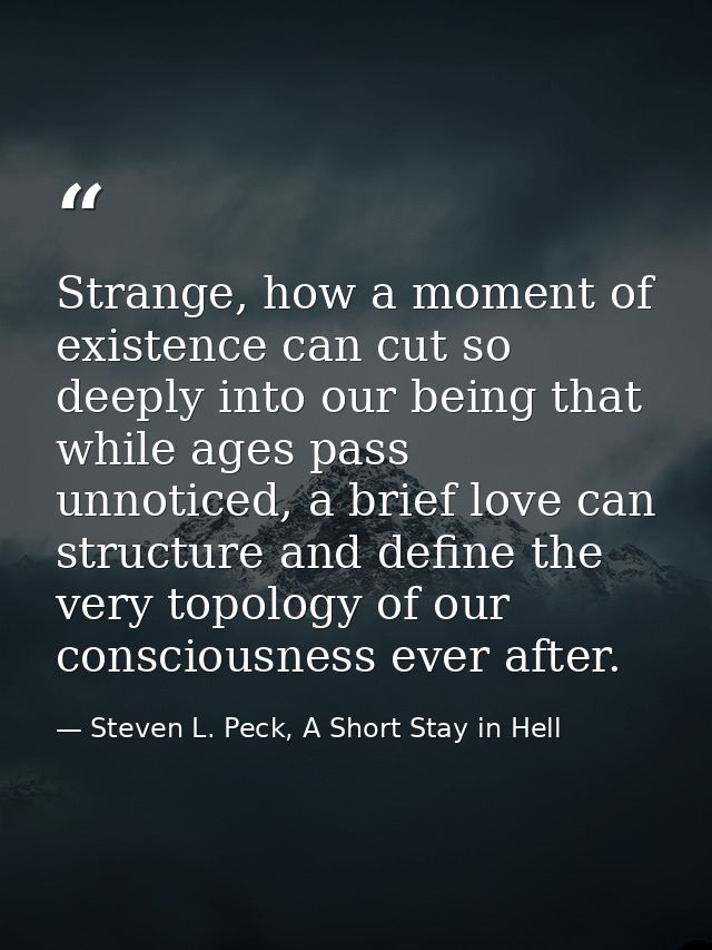 Strange, how a moment of existence can cut so deeply into our being that while ages pass unnoticed, a brief love can str — Steven L. Peck, A Short Stay in Hell