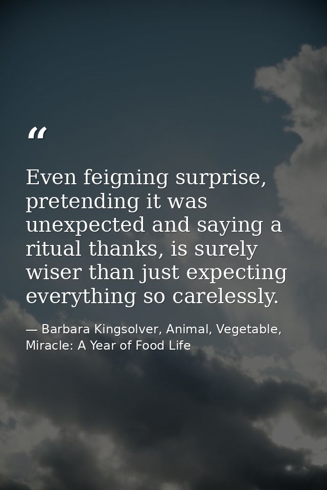 Even feigning surprise, pretending it was unexpected and saying a ritual thanks, is surely wiser than just expecting eve — Barbara Kingsolver, Animal, Vegetable, Miracle: A Year of Food Life