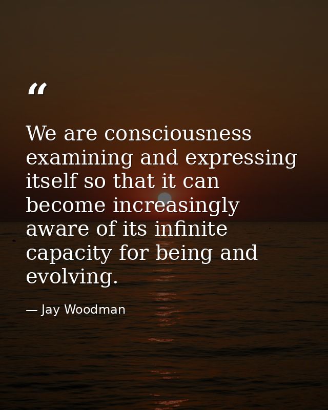 We are consciousness examining and expressing itself so that it can become increasingly aware of its infinite capacity f — Jay Woodman