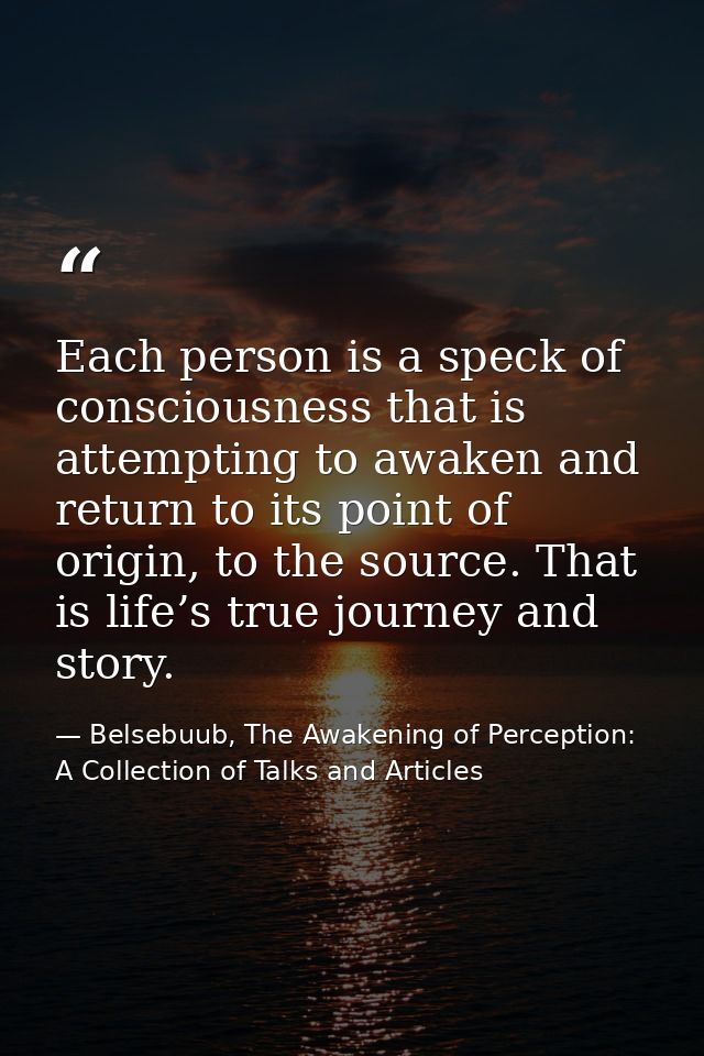 Each person is a speck of consciousness that is attempting to awaken and return to its point of origin, to the source. T — Belsebuub, The Awakening of Perception: A Collection of Talks and Articles