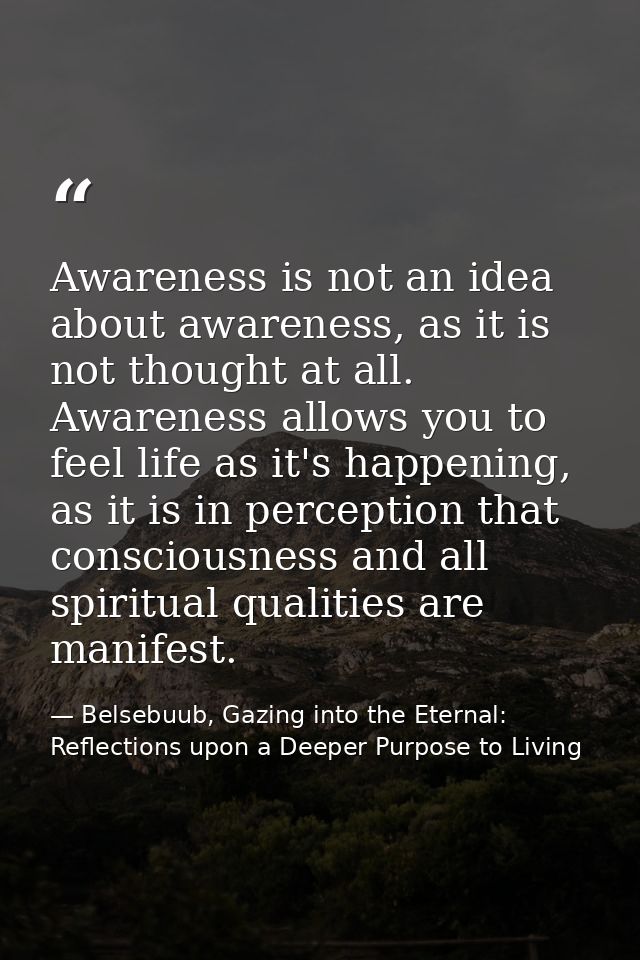 Awareness is not an idea about awareness, as it is not thought at all. Awareness allows you to feel life as it's happeni — Belsebuub, Gazing into the Eternal: Reflections upon a Deeper Purpose to Living