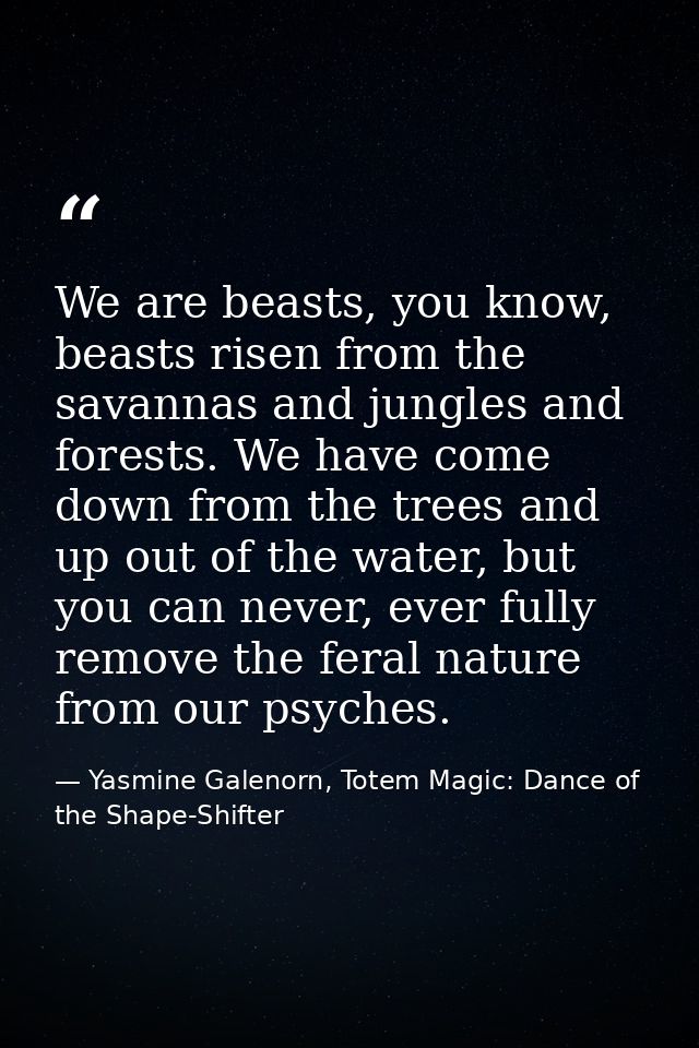 We are beasts, you know, beasts risen from the savannas and jungles and forests. We have come down from the trees and up — Yasmine Galenorn, Totem Magic: Dance of the Shape-Shifter