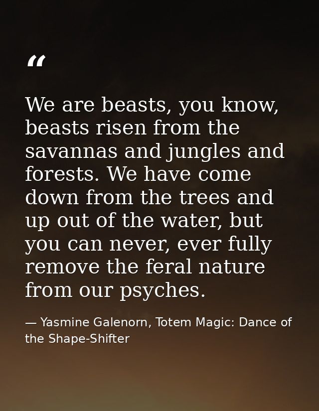 We are beasts, you know, beasts risen from the savannas and jungles and forests. We have come down from the trees and up — Yasmine Galenorn, Totem Magic: Dance of the Shape-Shifter