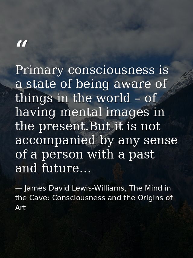 Primary consciousness is a state of being aware of things in the world – of having mental images in the present.But it i — James David Lewis-Williams, The Mind in the Cave: Consciousness and the Origins of Art