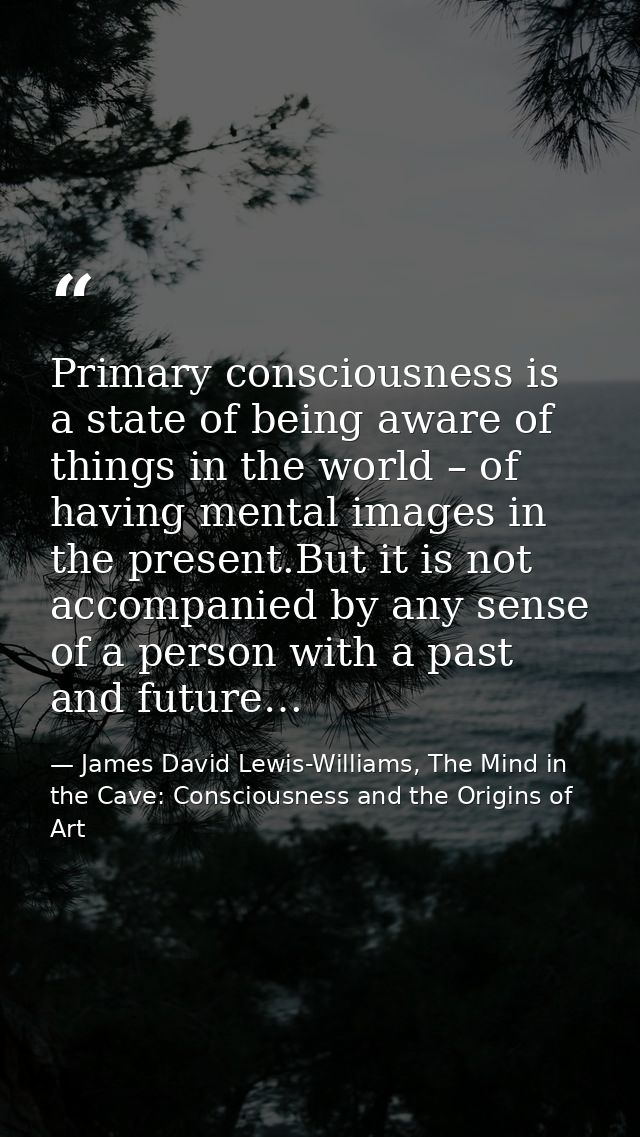Primary consciousness is a state of being aware of things in the world – of having mental images in the present.But it i — James David Lewis-Williams, The Mind in the Cave: Consciousness and the Origins of Art