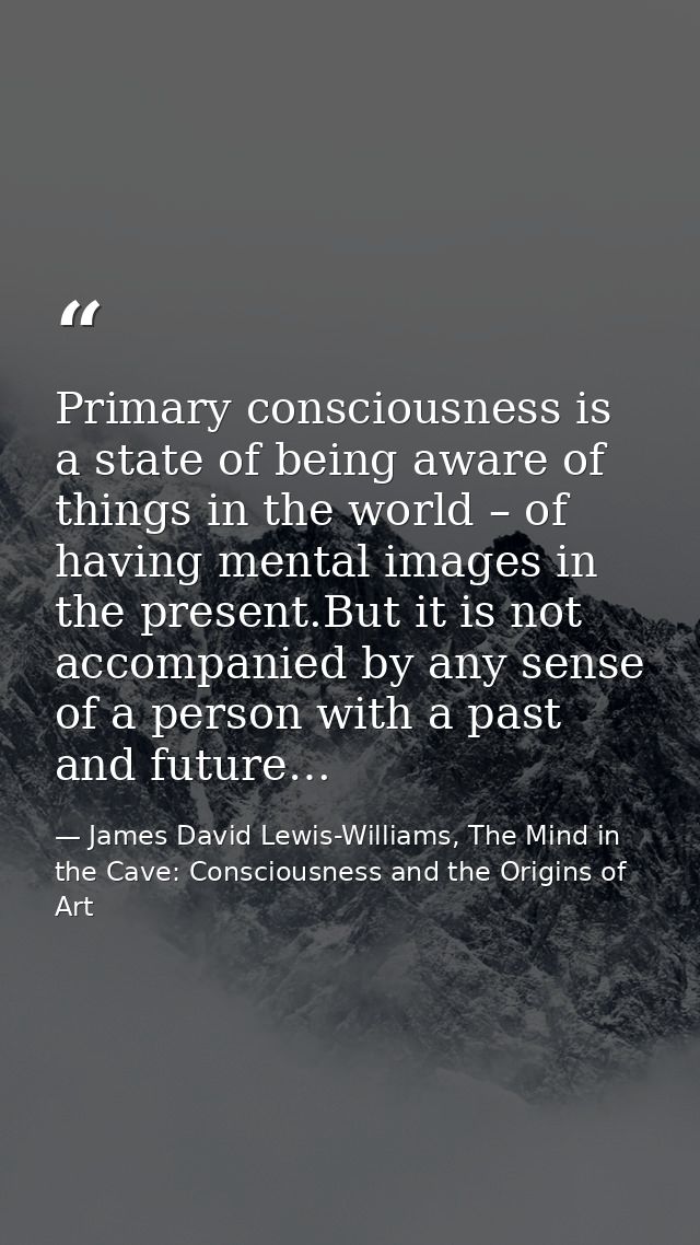 Primary consciousness is a state of being aware of things in the world – of having mental images in the present.But it i — James David Lewis-Williams, The Mind in the Cave: Consciousness and the Origins of Art