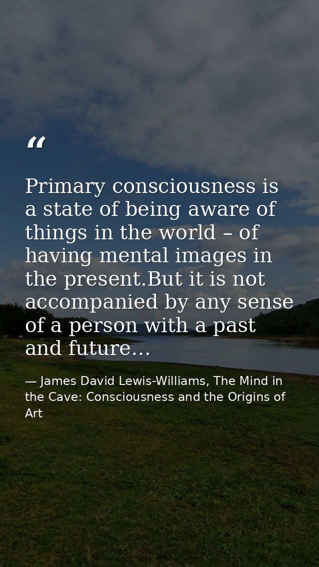 Primary consciousness is a state of being aware of things in the world – of having mental images in the present.But it i — James David Lewis-Williams, The Mind in the Cave: Consciousness and the Origins of Art