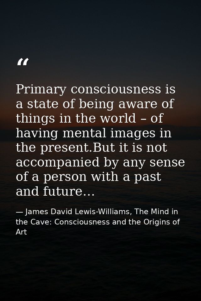Primary consciousness is a state of being aware of things in the world – of having mental images in the present.But it i — James David Lewis-Williams, The Mind in the Cave: Consciousness and the Origins of Art