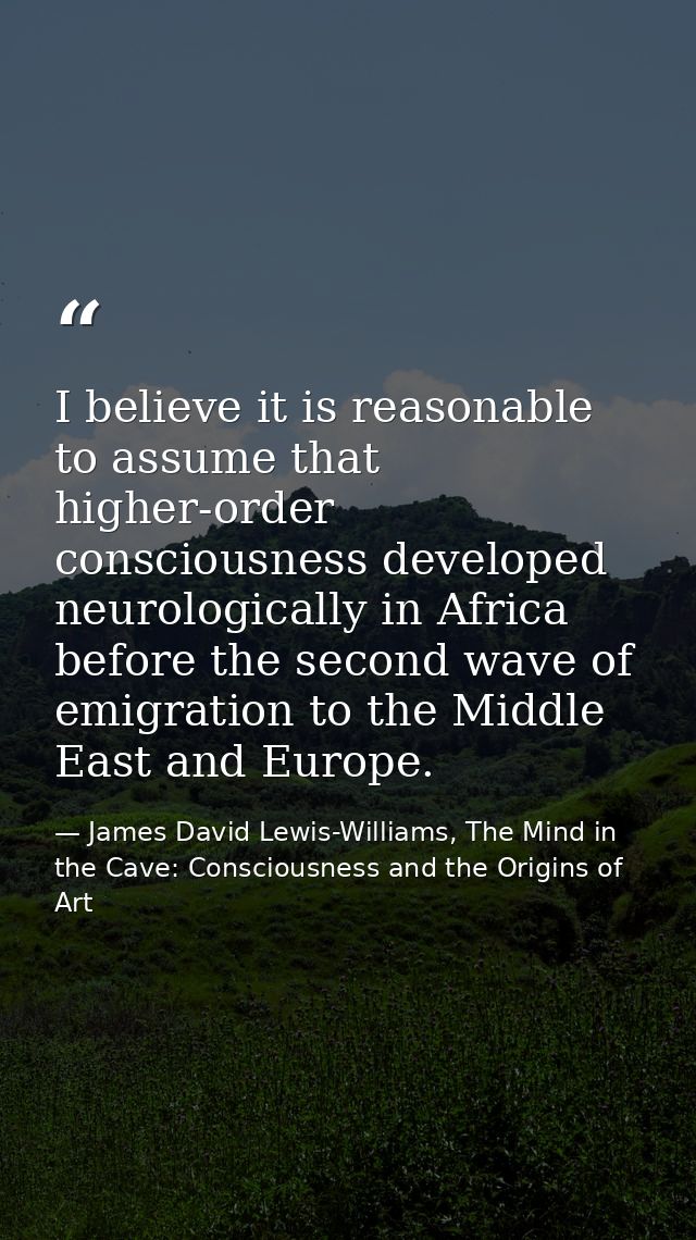I believe it is reasonable to assume that higher-order consciousness developed neurologically in Africa before the secon — James David Lewis-Williams, The Mind in the Cave: Consciousness and the Origins of Art