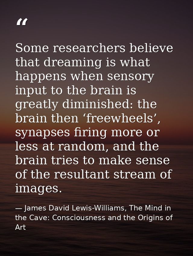 Some researchers believe that dreaming is what happens when sensory input to the brain is greatly diminished: the brain  — James David Lewis-Williams, The Mind in the Cave: Consciousness and the Origins of Art