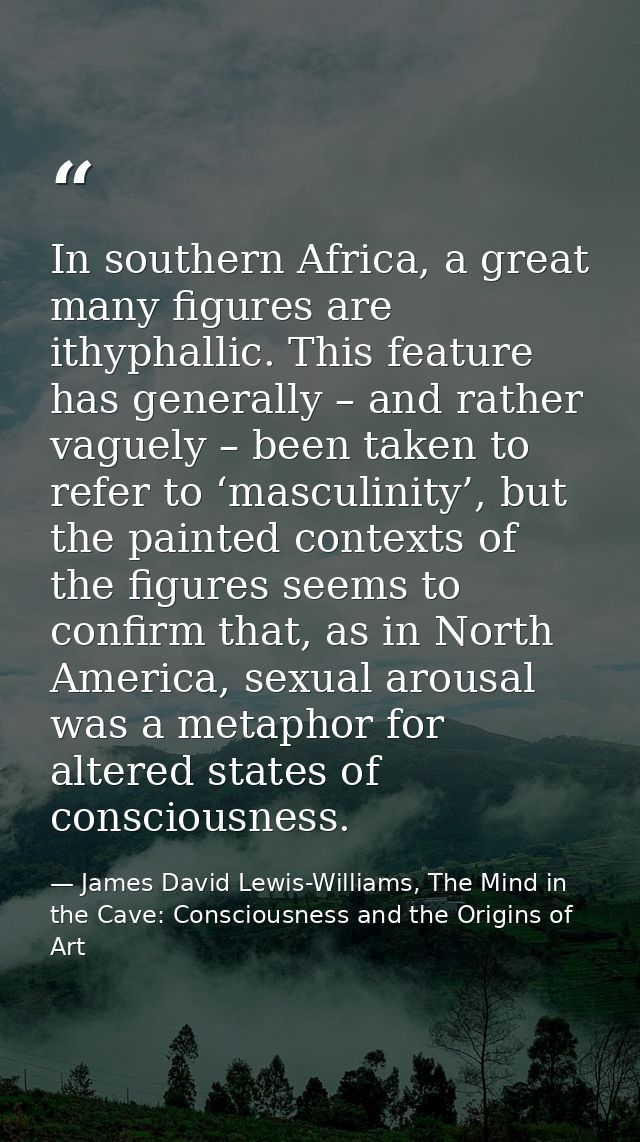 In southern Africa, a great many figures are ithyphallic. This feature has generally – and rather vaguely – been taken t — James David Lewis-Williams, The Mind in the Cave: Consciousness and the Origins of Art