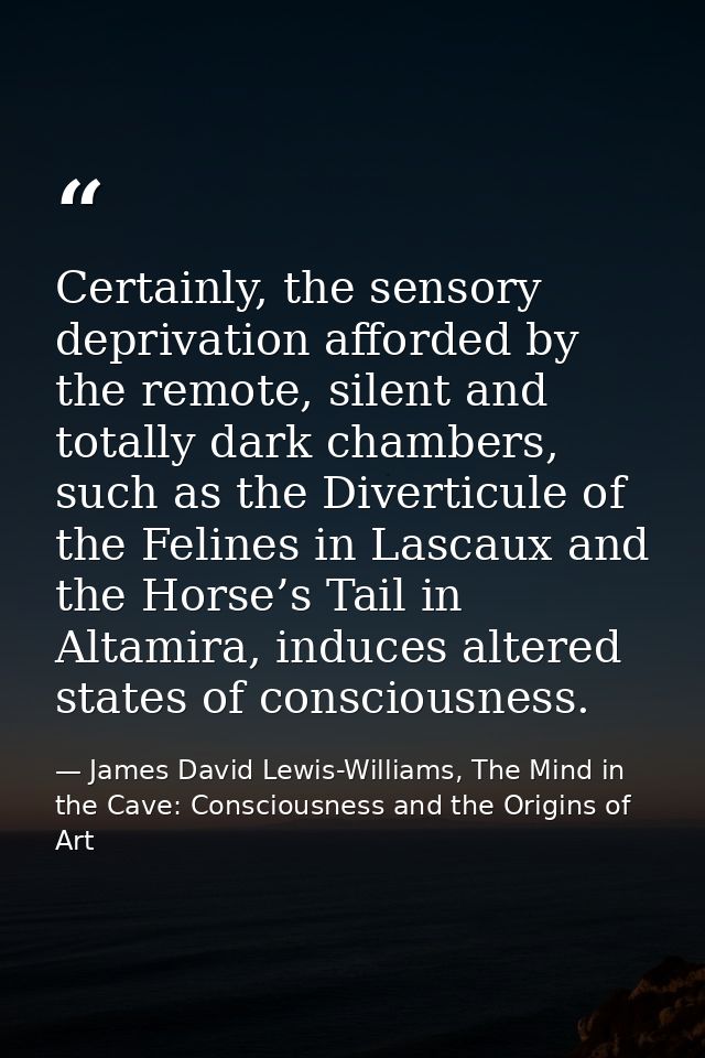 Certainly, the sensory deprivation afforded by the remote, silent and totally dark chambers, such as the Diverticule of  — James David Lewis-Williams, The Mind in the Cave: Consciousness and the Origins of Art