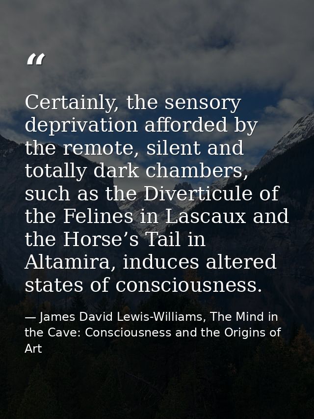 Certainly, the sensory deprivation afforded by the remote, silent and totally dark chambers, such as the Diverticule of  — James David Lewis-Williams, The Mind in the Cave: Consciousness and the Origins of Art