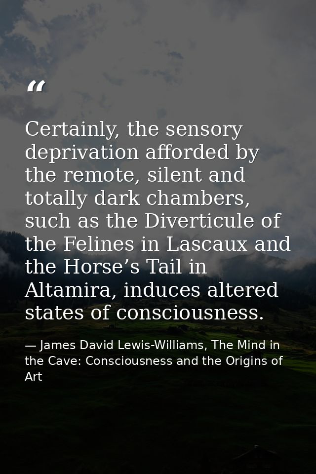 Certainly, the sensory deprivation afforded by the remote, silent and totally dark chambers, such as the Diverticule of  — James David Lewis-Williams, The Mind in the Cave: Consciousness and the Origins of Art