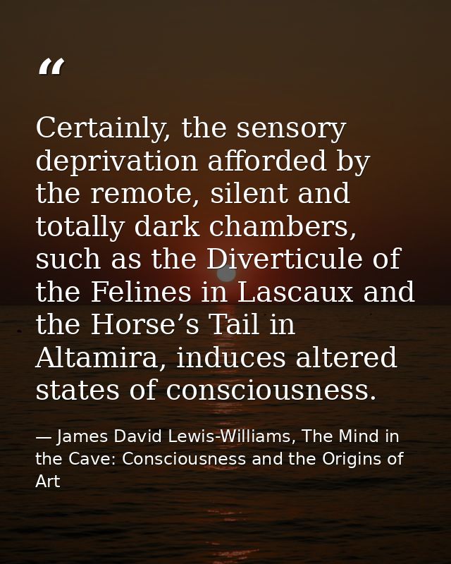 Certainly, the sensory deprivation afforded by the remote, silent and totally dark chambers, such as the Diverticule of  — James David Lewis-Williams, The Mind in the Cave: Consciousness and the Origins of Art