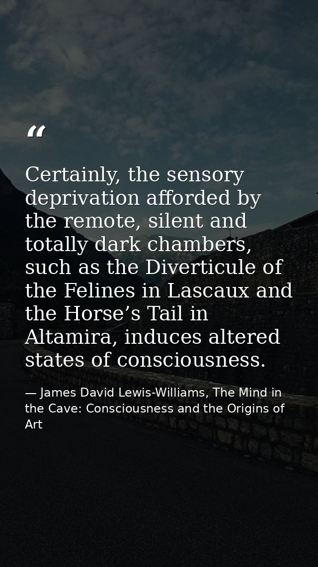 Certainly, the sensory deprivation afforded by the remote, silent and totally dark chambers, such as the Diverticule of  — James David Lewis-Williams, The Mind in the Cave: Consciousness and the Origins of Art